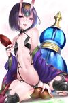  bare_shoulders black_panties breasts cameltoe cup fangs fate/grand_order fate_(series) gourd half-closed_eyes highres horns japanese_clothes kimono looking_at_viewer navel nironiro oni oni_horns panties purple_eyes purple_hair sakazuki short_hair shuten_douji_(fate/grand_order) small_breasts smile solo spread_legs squatting stomach underwear 