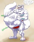  2017 anthro black_nose bulge canine clothing duo english_text eyebrows fox fur gintaro hair hand_on_stomach hungothenomster inside_stomach male mammal muscular oral_vore red_eyes sharp_teeth speech_bubble standing teeth text tight_underwear tongue tongue_out underwear vore white_fur white_hair 
