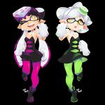  2girls 3d_rod! ankle_boots aori_(splatoon) artist_name bangs black_background black_dress black_footwear black_hair black_jumpsuit boots breasts brown_eyes cleavage cousins detached_collar domino_mask dress earrings fangs food food_on_head full_body gloves green_legwear grey_hair hotaru_(splatoon) jewelry long_hair looking_at_viewer mask medium_breasts mole mole_under_eye multiple_girls object_on_head one_eye_closed open_mouth pantyhose pointy_ears purple_legwear short_dress short_hair short_jumpsuit simple_background smile splatoon_(series) splatoon_1 squid_pose standing standing_on_one_leg strapless strapless_dress sushi symmetrical_hand_pose tentacle_hair unitard very_long_hair white_gloves 