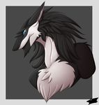  2017 anthro black_fur black_hair blue_eyes border bust_portrait chest_tuft countershading digital_media_(artwork) front_view fur grey_background hair long_hair looking_away male multicolored_fur nebs nude outside_border pointy_ears portrait sergal sergaljujube simple_background snout solo tuft two_tone_fur watermark white_border white_countershading white_fur 