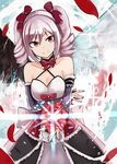  asymmetrical_wings black_wings bow bowtie breasts choker cleavage collarbone detached_sleeves dress drill_hair feathered_wings flower hair_between_eyes hair_bow head_tilt idolmaster idolmaster_(classic) idolmaster_cinderella_girls idolmaster_one_for_all kanzaki_ranko long_hair looking_at_viewer medium_breasts nail_polish nerotarou@seven petals pink_hair purple_nails red_bow red_eyes red_flower red_neckwear red_ribbon ribbon sleeveless sleeveless_dress smile solo standing twin_drills twintails white_wings wings 