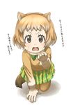  animal_ears arm_support black-tailed_prairie_dog_(kemono_friends) bow bowtie brown_hair clenched_hand commentary_request d: full_body fur_collar gradient_hair hand_up highres kemono_friends kneeling leaning_forward long_sleeves looking_at_viewer multicolored_hair open_mouth pleated_skirt prairie_dog_ears prairie_dog_tail scratches short_hair simple_background skirt solo sweater tail thighhighs thin_(suzuneya) translated v-shaped_eyebrows white_background zettai_ryouiki 
