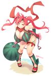  absurdres bare_shoulders beach breasts brown_eyes cleavage deto food food_print fruit highres large_breasts leaning_forward long_hair looking_at_viewer one_eye_closed pink_hair sand sandals shironeko_project solo translated watermelon watermelon_print 
