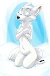  2017 akiric anthro arctic_fox bedroom_eyes belly_tuft blue_eyes canine cheek_tuft covering covering_breasts crossed_arms disney female fox half-closed_eyes inner_ear_fluff kneeling looking_at_viewer mammal nude pawpads seductive signature simple_background skye_(zootopia) smile solo tuft white_background zootopia 