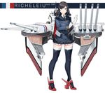  absurdres anchor anchor_hair_ornament bad_id bad_pixiv_id battleship black_hair blue_eyes buttons cannon character_name chiyo_goya commentary cross frilled_skirt frills gloves hair_ornament highres long_hair long_sleeves machinery mecha_musume military military_jacket military_vehicle necktie original personification pleated_skirt richelieu_(battleship) rudder_shoes ship simple_background skirt smokestack solo thighhighs turret typo uniform warship watercraft white_background white_gloves 