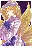  blonde_hair blush breasts chada_atariatama commentary_request cowboy_shot dress fox_tail from_side hands_in_opposite_sleeves hat highres kyuubi looking_away medium_breasts multiple_tails pillow_hat short_hair solo tabard tail tassel touhou white_dress wide_sleeves yakumo_ran yellow_eyes 