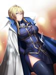  artoria_pendragon_(all) artoria_pendragon_(lancer) black_dress black_gloves black_legwear blonde_hair blush braid breasts closed_mouth commentary_request dress fate/grand_order fate_(series) french_braid gloves green_eyes hair_between_eyes jacket_on_shoulders kageshio_(276006) large_breasts looking_at_viewer military military_uniform short_dress sidelocks smile solo thighhighs uniform 