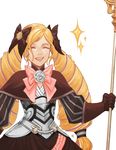 blonde_hair bow closed_eyes dress drill_hair elise_(fire_emblem_if) fire_emblem fire_emblem_if gloves hair_bow highres holding huge_filesize looking_at_viewer simple_background smile solo staff white_background 