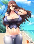  1girl areola_slip beach bracelet breasts brown_eyes brown_hair cleavage collarbone curvy erect_nipples female gundam gundam_00 haganef hair_over_one_eye huge_breasts long_hair looking_at_viewer mound_of_venus navel no_panties ocean outdoors pants smile solo standing summer thigh_gap wide_hips 