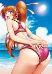  :d ass bare_arms bare_shoulders beach bent_over bikini blue_eyes blue_sky blush breasts cloud commentary_request cowboy_shot day from_side itachou large_breasts lens_flare long_hair looking_at_viewer looking_to_the_side lyrical_nanoha mahou_shoujo_lyrical_nanoha_strikers open_mouth orange_hair outdoors pink_bikini side_ponytail sky smile solo sports_bikini sunlight swimsuit takamachi_nanoha 