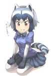  animal_ears black_hair bow bowtie brown_eyes commentary_request common_raccoon_(kemono_friends) eyebrows_visible_through_hair full_body fur_collar gloves gradient_legwear grey_hair hair_between_eyes hands_on_own_legs highres kemono_friends looking_down multicolored_hair pantyhose parted_lips pleated_skirt puffy_short_sleeves puffy_sleeves raccoon_ears raccoon_tail seiza shirt short_hair short_sleeves simple_background sitting skirt solo striped_tail tail tearing_up thin_(suzuneya) translation_request unhappy white_background white_hair 