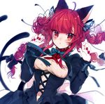  :&lt; animal_ears bangs black_bow black_ribbon blunt_bangs bow braid breasts cat_ears cat_tail corset daimaou_ruaeru dress hair_bow hair_ornament highres kaenbyou_rin long_hair long_sleeves looking_at_viewer medium_breasts multiple_tails nail_polish puffy_long_sleeves puffy_sleeves red_eyes red_hair red_nails ribbon solo tail touhou two_tails upper_body white_background 