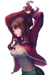  asahina_aoi blue_eyes breasts brown_hair cardigan cleavage danganronpa danganronpa_1 grey_shirt hair_ornament hairclip large_breasts long_hair open_cardigan open_clothes paddybird3 parted_lips ponytail red_sweater shirt solo standing sweater tying_hair zipper 