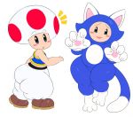  3_toes 4_fingers animal_humanoid black_eyes blue_fur blush cat_humanoid cat_toad claws clothed clothing digital_media_(artwork) duo feline feline_humanoid fingers fully_clothed fur humanoid looking_at_viewer male mammal mario_bros midriff nintendo on_one_leg simple_background sssonic2 standing super_mario_3d_world surprise toad_(mario) toes video_games white_background white_fur wide_hips 
