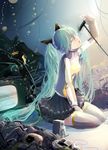  between_legs black_ribbon black_skirt blue_hair closed_eyes fuuttan grey_legwear hair_between_eyes hair_ribbon hand_between_legs hatsune_miku highres layered_skirt long_hair microphone_stand miniskirt odds_&amp;_ends_(vocaloid) open_mouth ribbon sitting skirt solo television thighhighs twintails very_long_hair vocaloid zettai_ryouiki 