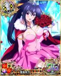  1girl black_hair blush bouquet breasts card_(medium) character_name chess_piece cleavage cloak covered_navel dress elbow_gloves flower gloves hair_ribbon happy high_school_dxd high_school_dxd_pi himejima_akeno jewelry large_breasts long_hair long_ponytail looking_at_viewer official_art pendant ponytail purple_eyes queen_(chess) ribbon smile solo tiara trading_card very_long_hair 