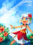  :o artist_name blue_eyes blue_sky bob_cut bracelet cloud colornix dark_skin day flower hibiscus jewelry original outdoors short_hair sky smile solo standing summer white_hair 