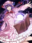  bangs blue_bow blue_ribbon bow bowtie chada_atariatama commentary_request cowboy_shot crescent dress hair_bow hat hat_ribbon highres long_hair long_sleeves looking_away mob_cap open_mouth outstretched_arm pajamas patchouli_knowledge purple_eyes purple_hair red_bow red_neckwear red_ribbon ribbon solo striped touhou vertical-striped_dress vertical_stripes 