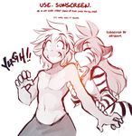  2017 anthro breasts casual_nudity clenched_teeth clothed clothing duo ears_back english_text eyes_closed featureless_breasts feline female flora_(twokinds) fur hi_res human keidran licking male mammal monochrome pain partially_clothed screaming simple_background sketch smile sound_effects striped_fur stripes sunburn teeth text tiger tom_fischbach tongue tongue_out topless trace_legacy twokinds webcomic white_background 