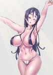  1girl absurdres areolae armpits arms_up black_eyes black_hair blush breasts cameltoe censored collarbone curvy fate/grand_order fate_(series) female hair_censor hair_over_breasts large_breasts long_hair messy_hair minamoto_no_raikou_(fate/grand_order) morning mound_of_venus navel panties solo standing togin topless underwear underwear_only white_panties wince yawning 