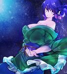  air_bubble blue_hair breasts bubble chada_atariatama cleavage commentary_request cowboy_shot from_side green_kimono head_fins highres japanese_clothes kimono large_breasts looking_at_viewer looking_to_the_side mermaid monster_girl obi parted_lips purple_eyes purple_hair sash solo touhou underwater wakasagihime wide_sleeves 