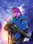  alien angara blue_eyes cape clothed clothing fully_clothed furgonomics furry-specific_piercing ghostfire gun humanoid jaal_ama_darav looking_at_viewer male mass_effect not_furry outside piercing purple_skin ranged_weapon scar slit_pupils smile snow solo video_games weapon 