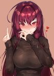  :p bangs black_sweater blush breasts eyebrows_visible_through_hair fate/grand_order fate_(series) fellatio_gesture hair_between_eyes hair_intakes heart highres hplay index_finger_raised large_breasts long_hair looking_at_viewer pointing pointing_up purple_hair red_eyes ribbed_sweater scathach_(fate)_(all) scathach_(fate/grand_order) simple_background sleeves_past_wrists solo sweater tongue tongue_out turtleneck turtleneck_sweater upper_body 