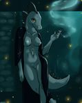  2017 alligator ankh anthro bea_(nitw) breasts cigarette cloak clothing crocodilian female firefly jewelry missoro mostly_nude navel necklace night night_in_the_woods nipples non-mammal_breasts outside pussy reptile scalie simple_background solo standing yellow_eyes 