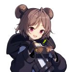  1girl :d bangs black_gloves black_jacket blush braid brown-framed_eyewear brown_hair cleaning_glasses double_bun eyebrows_visible_through_hair girls_frontline gloves hair_between_eyes head_tilt holding holding_eyewear hood hood_down hooded_jacket jacket long_sleeves open_mouth p90_(girls_frontline) partly_fingerless_gloves puffy_long_sleeves puffy_sleeves purple_eyes round_teeth side_braid simple_background smile solo sunglasses teeth tp_(kido_94) upper_body upper_teeth white_background 