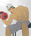  1boy bara glasses hat kukui_(pokemon) male_focus pokemon pokemon_sm sitting solo steam sweat takejirog topless 