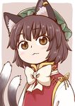  :3 animal_ears bangs blush brown_eyes brown_hair cat_ears cat_tail chen chinese_clothes commentary_request dress ear_piercing eyebrows_visible_through_hair hat jewelry looking_away mob_cap multiple_tails nekomata piercing poronegi red_dress red_hat ribbon short_hair single_earring solo tail touhou two_tails 