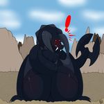  ! 2015 absurd_res anthro anthrofied black_diablos blue_sky butt capcom day diablos_(mh) dianne digital_media_(artwork) dragon female flying_wyvern hi_res horn in_heat kingbeast looking_at_viewer looking_back monster_hunter nature nude outside pussy rear_view red_eyes red_sclera scalie sky solo video_games wyvern 