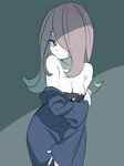  bare_shoulders bokujoukun breasts brown_hair cleavage eyeshadow hair_over_one_eye little_witch_academia long_hair makeup medium_breasts partially_undressed red_eyes solo sucy_manbavaran 