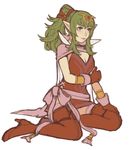  breasts cape chiki dress fire_emblem fire_emblem:_kakusei fire_emblem:_monshou_no_nazo gloves green_eyes green_hair hair_ornament hair_ribbon jewelry jivke large_breasts long_hair mamkute older pointy_ears ponytail red_dress ribbon short_dress solo thighhighs 