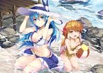  :d absurdres animal_ears ball bangs bare_arms bare_legs bare_shoulders beach beachball bikini_skirt blue_eyes blue_hair blue_skirt breasts brown_hair brown_swimsuit casual_one-piece_swimsuit cleavage closed_mouth collarbone colored_tips commentary_request day dock frilled_swimsuit frills front-tie_bikini front-tie_top full_body hair_between_eyes hands_on_headwear hat highres holding holding_ball jie_laite kneeling large_breasts long_hair looking_at_viewer multiple_girls navel ocean one-piece_swimsuit open_mouth original pier rock sitting skirt small_breasts smile sun_hat swimsuit white_bikini_top white_hair white_hat yellow_eyes 