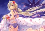  :d ahoge ass bangs bikini blonde_hair bouquet breasts cloud cloudy_sky cowboy_shot evening eyebrows_visible_through_hair fate/apocrypha fate_(series) flower from_behind hair_flower hair_ornament hair_ribbon head_tilt headpiece hibiscus holding holding_bouquet jeanne_d'arc_(fate) jeanne_d'arc_(fate)_(all) lace_trim long_hair looking_at_viewer looking_back medium_breasts neck_ribbon open_mouth outdoors palm_tree petals ponytail purple_bikini purple_eyes purple_ribbon ribbon shawl side-tie_bikini sky smile solo swimsuit teeth tree very_long_hair wind yashiro_seika 