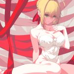  1girl bare_shoulders blonde_hair breasts cleavage collarbone commentary covered_navel fate/extra fate/grand_order fate_(series) green_eyes hair_ribbon hand_on_own_chest highleg highleg_leotard large_breasts leotard looking_down nail_polish nero_claudius_(fate) nero_claudius_(fate/extra) photoshop_(medium) red_nails red_ribbon ribbon sitting smile strapless strapless_leotard sungwon wariza white_leotard 