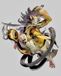  1boy arc_system_works black_hair blazblue blazblue:_central_fiction cat claws dual_wielding fangs heterochromia hood jubei_(blazblue) katana long_hair looking_at_viewer mouth_hold multiple_tails red_eyes solo sword tail yellow_eyes 