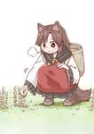  :&gt; animal_ears basket blush_stickers boots breath brooch brown_hair child commentary_request eyebrows_visible_through_hair gem grass hand_on_own_knee horsetail_(plant) imaizumi_kagerou jewelry long_hair long_sleeves looking_down mushroom poronegi red_eyes red_vest scarf simple_background smile solo squatting tail touhou v-shaped_eyebrows vest white_background wide_sleeves wolf_ears wolf_girl wolf_tail younger 