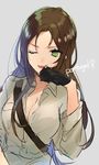  ;d axis_powers_hetalia black_gloves breasts brown_hair chest_belt cleavage eyebrows_visible_through_hair furumachi_(_trisannkaku) genderswap genderswap_(mtf) gloves green_eyes long_hair medium_breasts one_eye_closed open_mouth portugal portugal_(hetalia) simple_background sketch smile solo tongue tongue_out 