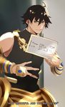  ahoge black_hair commentary derivative_work earrings english fate/prototype fate/prototype:_fragments_of_blue_and_silver fate_(series) hieroglyphics highres jewelry looking_at_viewer male_focus ozymandias_(fate) parody pvc_parfait sign smile solo v 