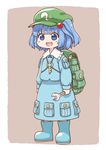  :d backpack bag blue_dress blue_eyes blue_hair blush_stickers boots chibi child commentary_request dress eyebrows_visible_through_hair full_body green_hat hat holding kawashiro_nitori key looking_away open_mouth poronegi pouch rubber_boots smile solo standing touhou twintails wrench 