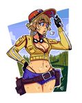  1girl artist_request bangs baseball_cap belt bikini bikini_under_clothes black_eyes blonde_hair breasts cidney_aurum cleavage clouds denim dirty eyebrows_visible_through_hair final_fantasy final_fantasy_xv forest gloves goggles goggles_around_neck hat jacket long_sleeves midriff navel road short_hair shorts sky solo source_request sweat trees utility_belt wrench yellow_jacket 