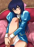  2017 agent_aika aika_(series) alternate_costume artist_name ass_visible_through_thighs bad_id bad_pixiv_id bangs black_neckwear blue_hair blue_jacket blue_skirt brown_eyes couch cravat crotch_seam cushion delmogeny_uniform eyebrows_visible_through_hair floral_print golden_delmo hair_ribbon half_updo hands_on_own_leg highres indoors jacket juliet_sleeves knee_up legs long_hair long_sleeves looking_at_viewer nakiroe on_couch panties pantyshot pantyshot_(sitting) pencil_skirt petoriyacowa_rie puffy_sleeves ribbon shiny sitting skirt smile solo thighs underwear uniform upskirt white_panties 