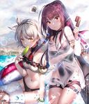  blush breasts brown_hair cleavage commentary_request eyebrows_visible_through_hair food girls_frontline highres kyjsogom large_breasts long_hair looking_at_viewer looking_away multiple_girls navel naver_username ponytail popsicle purple_hair red_eyes revision silver_hair speech_bubble vector_(girls_frontline) wa2000_(girls_frontline) watermark web_address yellow_eyes 
