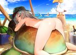  1girl anus ass beach berezovich_kryuger_(girls_frontline) bird breasts cloud commentary day food fruit g11_(girls_frontline) girls_frontline hat inflatable_shark inflatable_toy long_hair looking_back luse_maonang nipples nude one_eye_closed outdoors purple_eyes pussy revision sand_castle sand_sculpture silver_hair sky small_breasts swimsuit turtle uncensored watermelon 