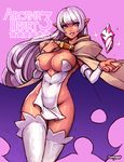  arcana_heart breasts cape cleavage crystal dark_skin highres hips junkpuyo large_breasts long_hair looking_at_viewer parace_l'sia pink_background pink_eyes pointy_ears purple_hair revealing_clothes signature simple_background smile solo thighhighs thighs white_legwear wide_hips 
