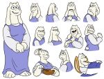  angry anthro bed bedding blanket boss_monster breasts caprine clothing confusion cooking dress expressions eyelashes female fur goat happy ill laugh long_ears mammal mixing pillow purple_dress scarfofsilver slightly_chubby smile standing surprise toriel translucent undertale video_games white_fur 