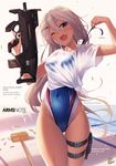  ;d arms_note blurry breasts brown_eyes bullpup commentary_request competition_swimsuit copyright_name covered_navel depth_of_field fang fukai_ryousuke grey_hair gun hair_ornament hair_ribbon hairclip highleg highleg_swimsuit holster long_hair looking_at_viewer one-piece_swimsuit one_eye_closed open_mouth revision ribbon see-through shirt small_breasts smile solo swimsuit swimsuit_under_clothes thigh_gap thigh_holster thigh_strap tied_shirt trigger_discipline untying very_long_hair weapon wet 