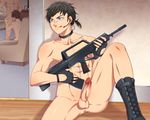  3boys abs against_wall boos erection fellatio gun licking_lips male_focus naughty_face penis sitting tongue weapon yaoi 